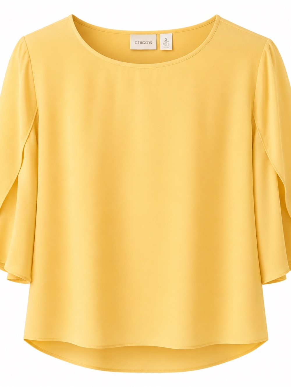 Chicos Yellow Flutter Sleeve Blouse Size 3 100% Polyester Lightweight Flowing